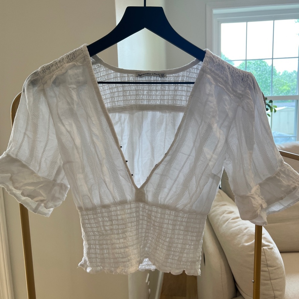 Abercrombie & Fitch White Puff Sleeve Smocked Blouse